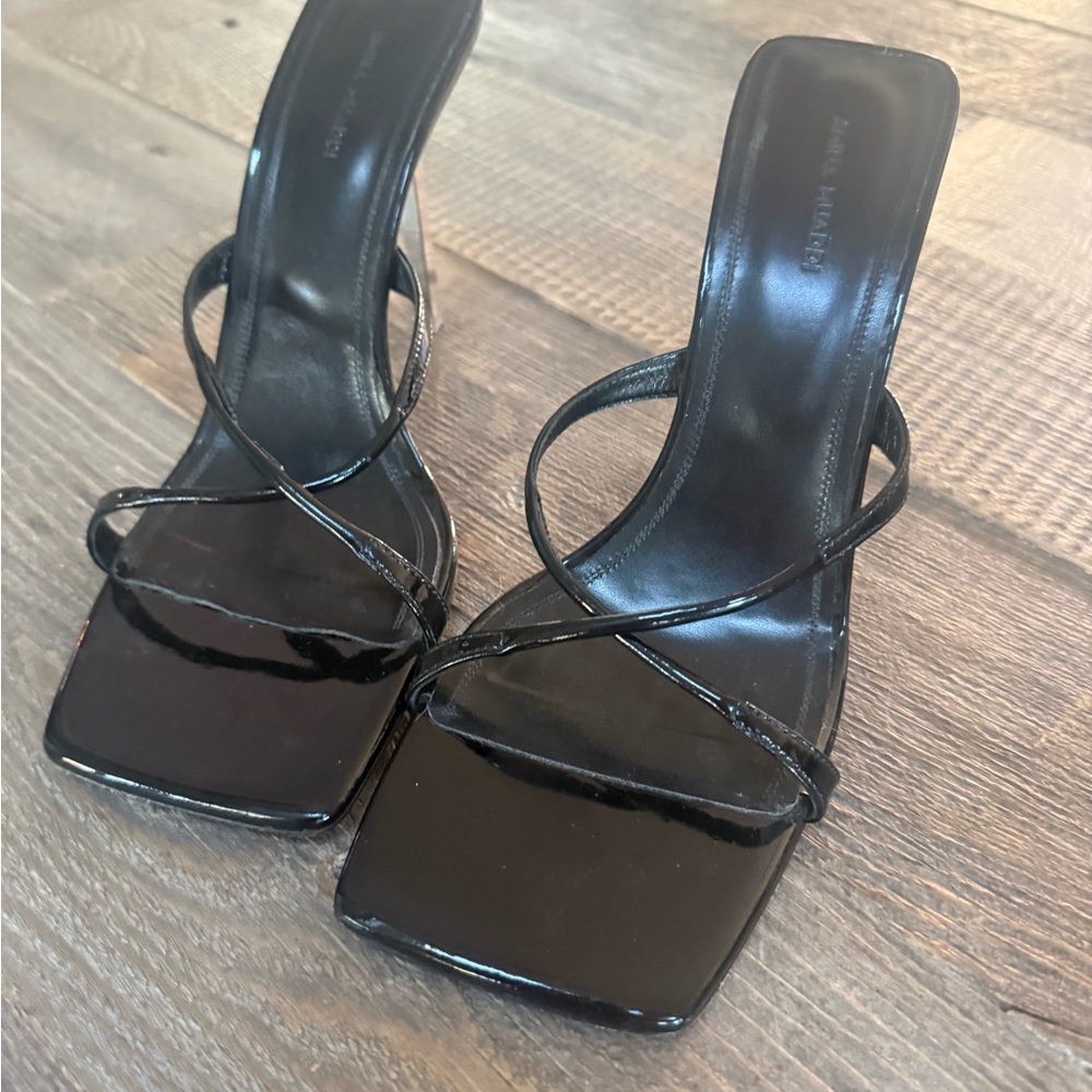 Amina Muaddi Glossy Black Strappy Heels